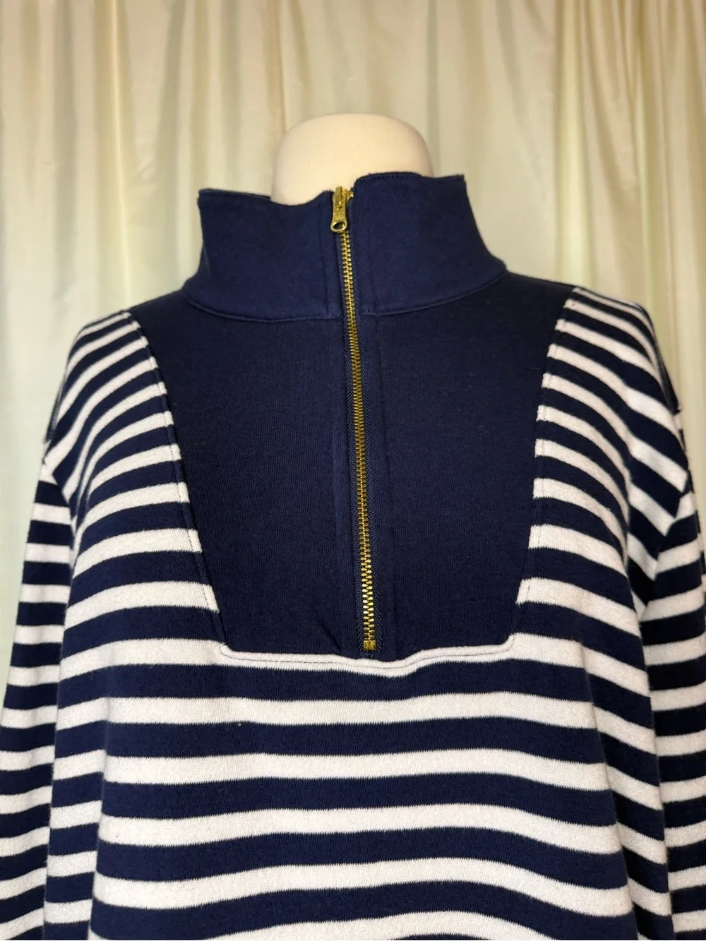 J. Crew Navy and White Striped Half-Zip Fleece Lined Sweatshirt- Large